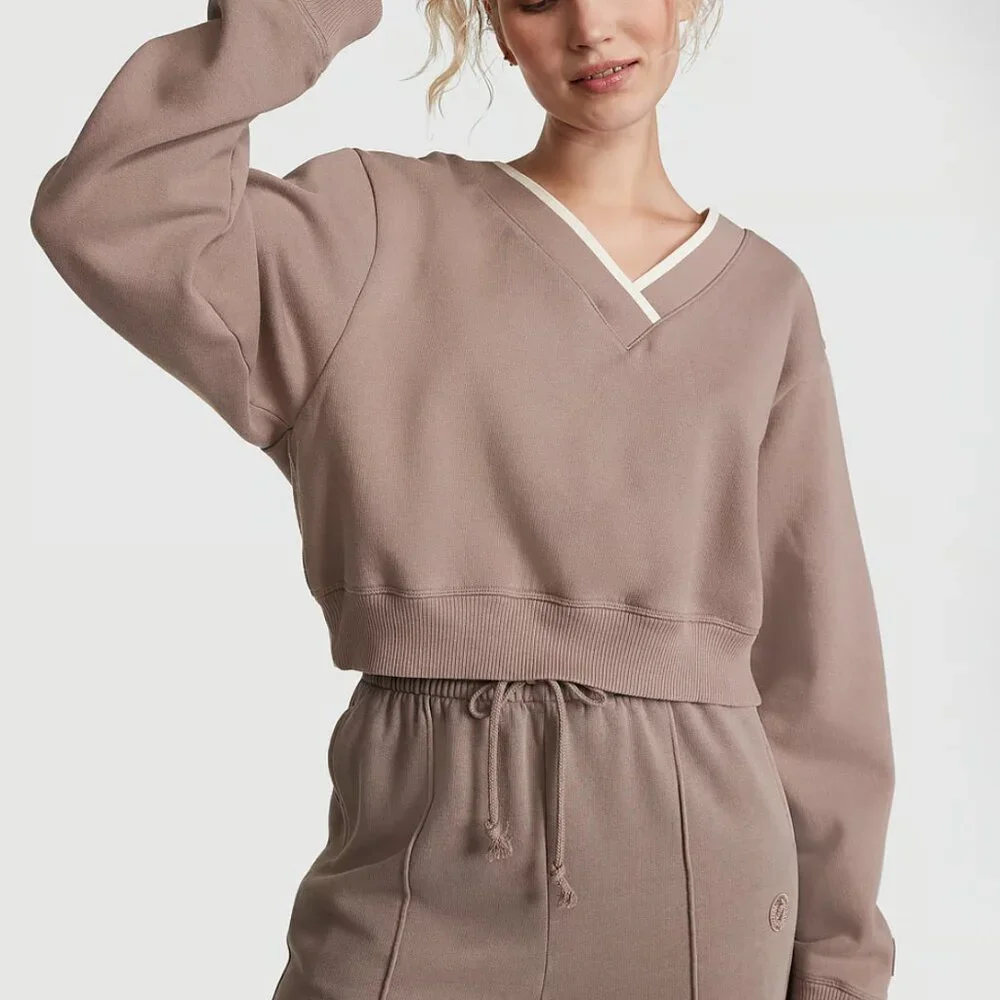 NWT Victoria's Secret PINK Premium Fleece V-Neck Pullover, Iced Coffee, Large